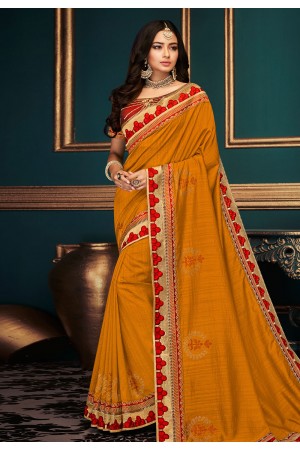 Mustard silk embroidered saree with blouse  10608